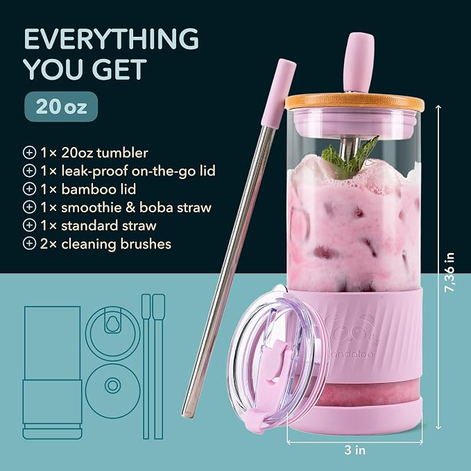 Pandaloo® Glass Cups With Lids and Straws -20 Fl Oz- Perfect Size Iced Coffee Cup - Smoothie Cup With Bamboo Lid and On the go Lid - Glass Tumbler With Straw (1 Count (Pack of 1), Lilac Rhapsody) - Image 2
