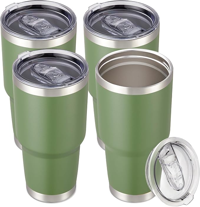 30 oz Tumbler with Lid Stainless Steel Tumblers Bulk Vacuum Insulated Cup Reusable Powder Coated Travel Mug Double Wall Leak Proof Cups Keep Cold Drinks for 12 Hours Army Green, Set of 4 by CoolYoleb