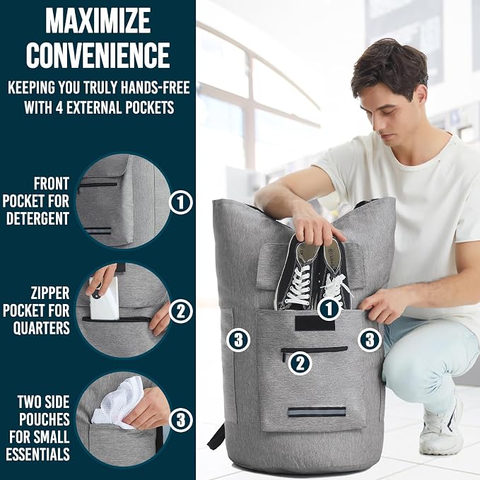 Laundry Bag With 4 Pockets，Laundry Bag With Shoulder Straps，Sturdy Laundry - Image 5