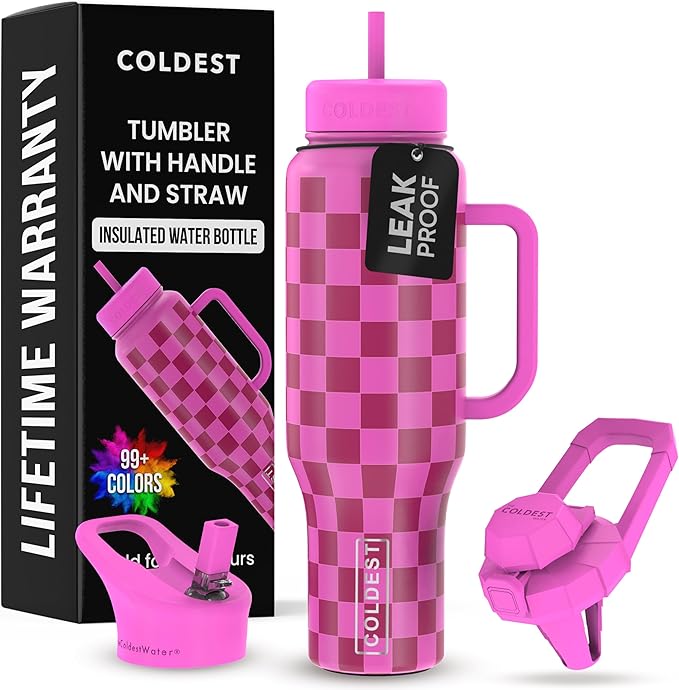 Coldest Tumbler with Handle and Straw, 100% Leak Proof Insulated Tumbler with Lid and Straw (3 Lids), Stainless Steel Tumblers for Women & Men, Cup Holder Friendly, 46 oz (Purple Checkers) by Coldest