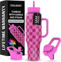 Coldest Tumbler with Handle and Straw, 100% Leak Proof Insulated Tumbler with Lid and Straw (3 Lids), Stainless Steel Tumblers for Women & Men, Cup Holder Friendly, 46 oz (Purple Checkers) by Coldest