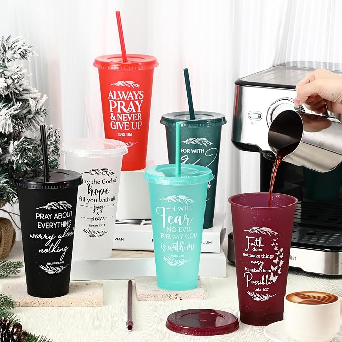 Havawish 12 Pcs Mothers Day Christian Tumbler Gift Bulk Religious Inspirational 24 oz Drinking Jesus Cup with Lid Straw Bible Verse Plastic Cup for Church Father Teacher First Communion (Joyous Color) - Image 4