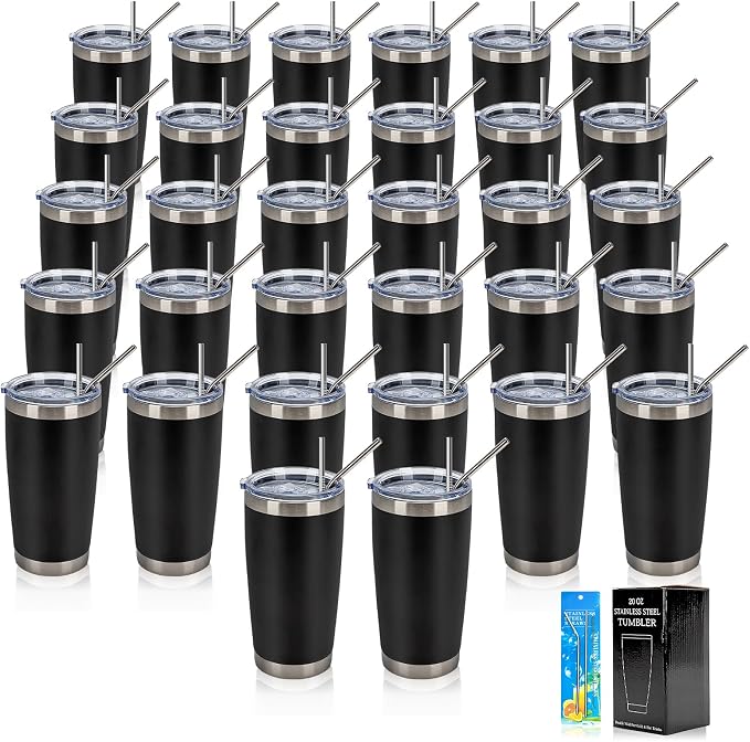 IEOVIEE 32 Pack, 20oz Stainless Steel Bulk Tumblers with Lids and Straws, Double Wall Insulated Travel Coffee Mug, Durable Powder Coated Tumbler Bulk Cup for Cold and Hot Drinks(Black) by IEVOIEE