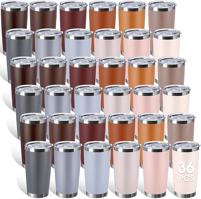 Sieral 36 Pack Stainless Steel Tumblers Bulk with Lids Double Wall Vacuum Insulated Coffee Cups Blank leakproof Powder Coated Tumblers for Engraving Wedding Graduation Party Favors(20 oz,Brown Gray) by Sieral