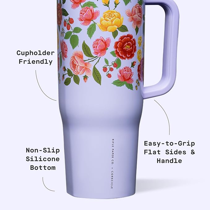 Corkcicle x Rifle Paper Co. Cruiser Insulated Tumbler with Handle & Straw - Keeps Drinks Cold 20 Hours - BPA-Free - Gift for Mom - Great for Mother's Day or Christmas - 40 oz - Roses Purple - Image 4