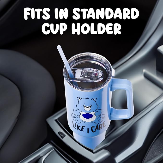 Silver Buffalo Care Bears Grumpy Bear Like I Care Double Walled Stainless Steel Tumbler with Handle and Straw, Fits in Standard Cup Holder, 40 Ounces - Image 6