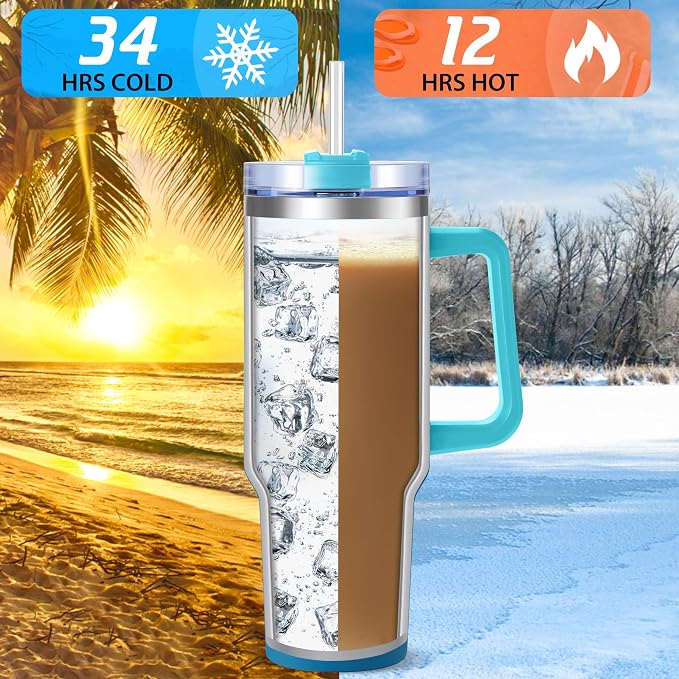 40 oz Tumbler with Handle | Stainless Steel Insulated Travel Mug Iced Coffee Cup with Lids and Straw | Keeps Drinks Cold for 34 Hours | Dishwasher Safe, BPA Free(Light & Deep Blue - Image 2