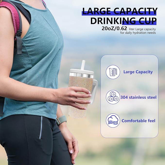 2PCS 20-OZ Insulated Water Bottle,Insulated Stainless Steel Tumbler,Reusable Cold Drink Thermos,BPA-Free, Double-Wall Stainless Steel Water Bottle (White-Diamonds, 20, Fluid Ounces) - Image 4