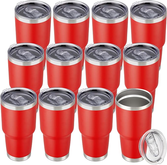 30 oz Tumbler with Lid Stainless Steel Tumblers Bulk Vacuum Insulated Cup Reusable Powder Coated Travel Mug Double Wall Leak Proof Cups Keep Cold Drinks for 12 Hours Red, Set of 12 by CoolYoleb