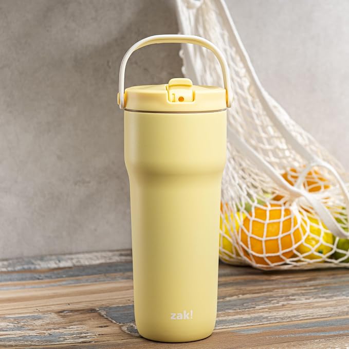 Zak Designs Sutton Travel Tumbler for On the Go, 30oz Stainless Steel with Vacuum Insulation, Straw Spout, Carry Handle for Cold Drinks (Vanilla Yellow) - Image 10