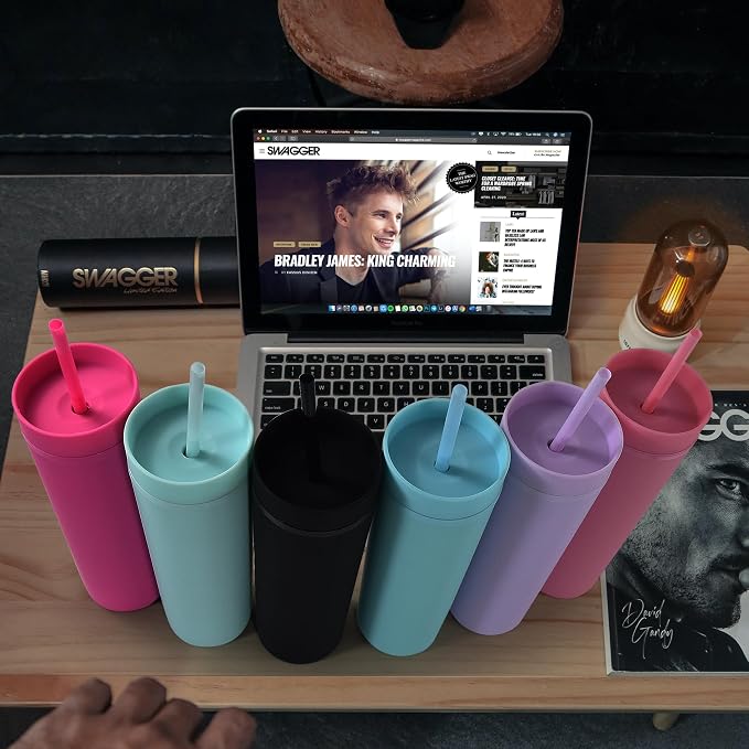 sweet grain Multicolor Skinny Tumblers with Lids and Straws(6 Pack) - 16oz Matte Pastel Colored Skinny Acrylic Tumblers, Double Wall Plastic Tall Skinny Tumblers Bulk for Cold Hot Drinks - Image 8