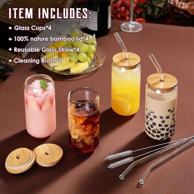 Drinking Glasses with Bamboo Lids and Glass Straw 4pcs Set - 16oz Glass Cups, Iced Coffee Glasses, Cute iced Tea Glasses, Beer Glasses, Ideal for Coffee Bar Accessories, Aesthetic Gift - 2 Brushes - Image 2