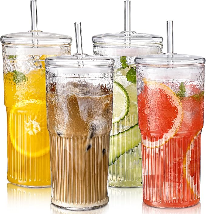 DWTS DANWEITESI Glass Cups with Lids and Straws 4 Pcs,20oz Glasses Drinking Set Vintage Textured Clear Iced Coffee Cups with Lids,Reusable Glass Tumbler with Straw and Lid for Coffee Bar Accessories by DWTSDANWEITESI