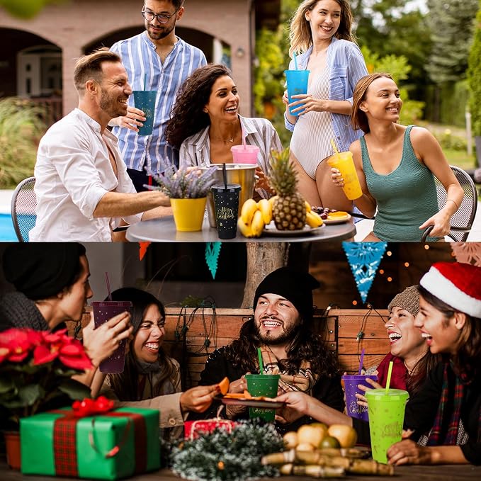 Honeydak 50 Pcs 24oz Christmas Cup Tumbler with Straw and Lid, Bulk Christmas Gifts, Holiday Reusable Plastic Cups, Water Bottle, Iced Coffee Travel Mug Cup for Party - Image 6