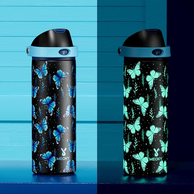 24 oz Insulated Water Bottle for Women: Meoky Glow in the Dark Water Bottle with 2-in-1 Straw and Spout Lid - Leak Proof, Cold for 24 Hours, Fits in Car Cup Holder, BPA-Free for Sports Travel, Moonlit - Image 2