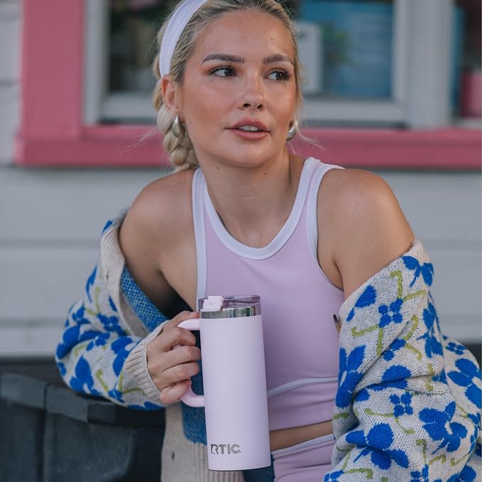 RTIC 16oz Road Trip Travel Mug with Lid and Handle, Ceramic Lined, Insulated, Stainless Steel, Metal, Double Wall Vacuum-Insulation, Portable Coffee, Tea Cup for Hot and Cold Drink, Pale Pink - Image 5