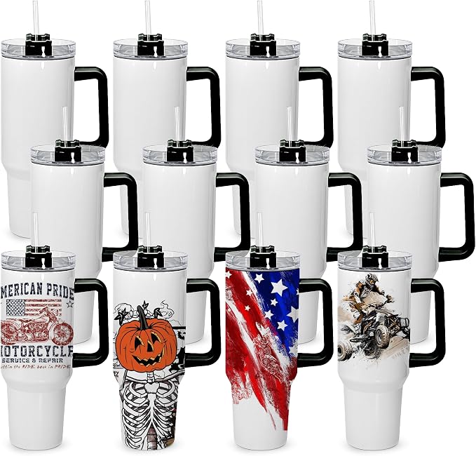 sweet grain 40 oz Sublimation Tumbler with Handle and Straw(12 Pack) Stainless Steel Double Wall Vacuum Insulated Travel Mug Cup Tumblers Bulk Sublimation Blank - Black Handle by sweetgrain