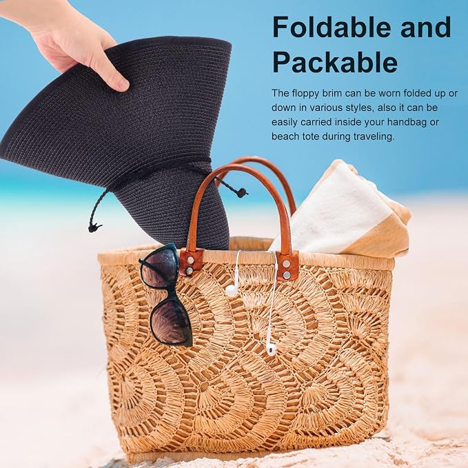 DRESHOW Beach Hats for Women Big Straw Wide Brim Summer Hat Floppy Foldable - Image 5