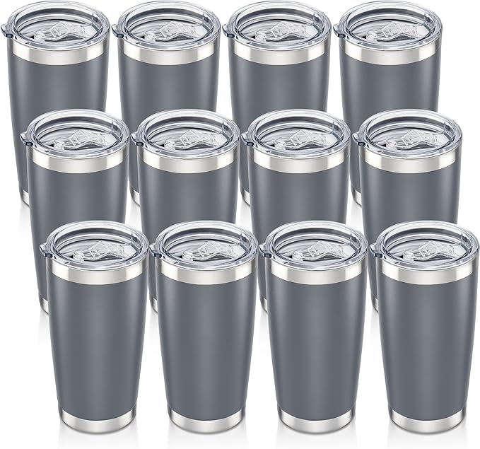 20 oz Tumbler with Lid Stainless Steel Insulated Tumblers Bulk Double Wall Vacuum Cups Powder Coated Travel Mug Keep Drinks Cold and Hot, Grey, 12 Pack by Orebigo