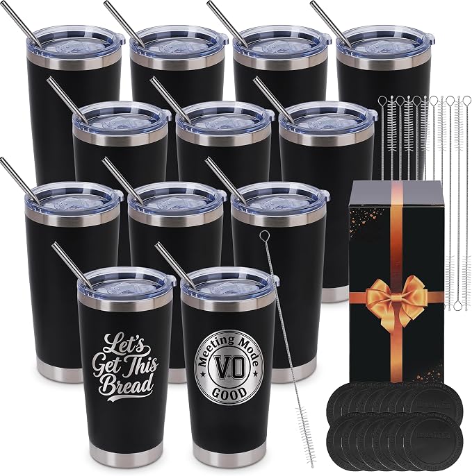 Joyclub Tumblers Bulk Laser Engraving Blanks Easy Carry 12 Pack 20 oz Tumblers Black Stainless Steel Tumblers with Lids Straws and Brushes for Car Commute DIY Gifts Team Family Use by Joyclub