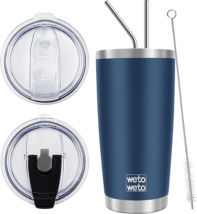 WETOWETO 20oz Tumbler with 2 lids and 2 straws, Stainless Steel Vacuum Insulated Water Coffee Tumbler Cup, Double Wall Powder Coated Spill-Proof Travel Mug Thermal Cup (Navy Blue, 1 Pack) by Wetoweto