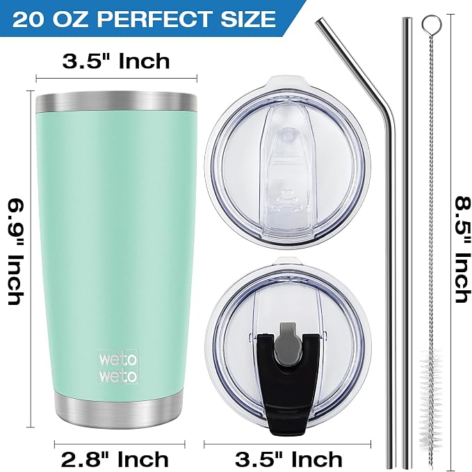 WETOWETO 20oz Tumbler with 2 lids and 2 straws, Stainless Steel Vacuum Insulated Water Coffee Tumbler Cup, Double Wall Powder Coated Spill-Proof Travel Mug Thermal Cup (Light Green, 1 Pack) - Image 3