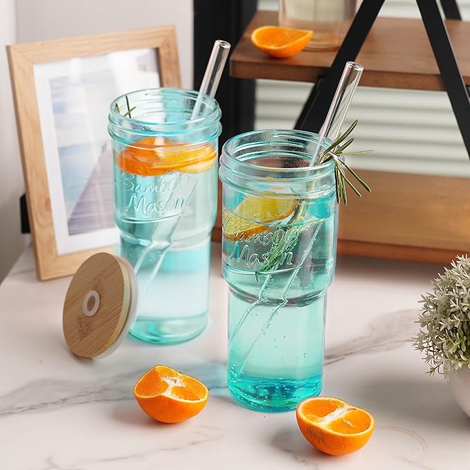 ANOTION Colored Glass Cups with Lids and Straws - 24oz Travel Coffee Mug Wide Mouth Mason Jar Iced Coffee Cup Smoothie Cup Glass Tumbler Tea Cup Clear Cute Water Cups Colorful Drinking Glasses - Image 6