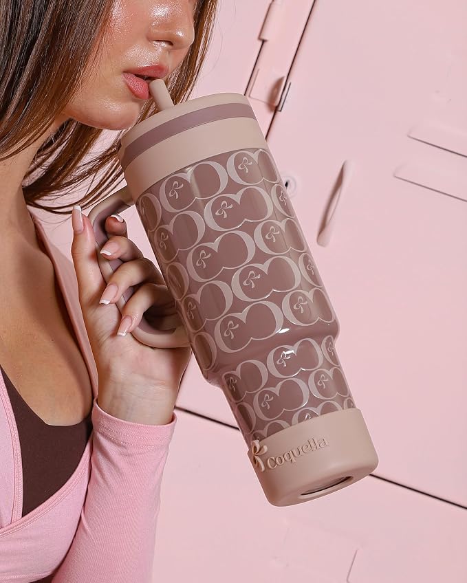 40 oz Insulated Tumbler with Handle and Push-Button Straw Lid, Stainless Steel Travel Cup for Gym Office, Leakproof, BPA-Free, Cup Holder Friendly, Bow Silicone Boot, Brown (C’ Espresso) - Image 7
