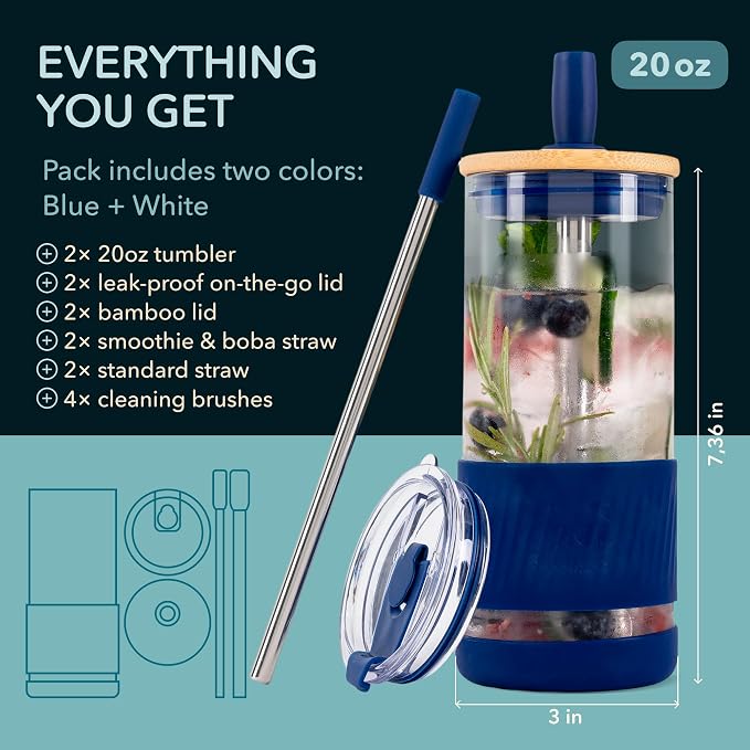 Pandaloo® Glass Cups With Lids and Straws -20 Fl Oz- Perfect Size Iced Coffee Cup - Smoothie Cup With Bamboo Lid and On the go Lid - Glass Tumbler (2 Count (Pack of 1), Galactic Blue-Coton White) - Image 2