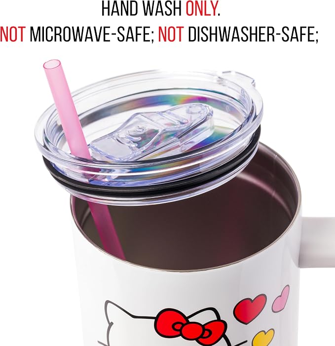 Silver Buffalo Sanrio Hello Kitty Name and Hearts Double Walled Stainless Steel Tumbler with Handle and Straw, Fits in Standard Cup Holder, 40 Ounces - Image 4