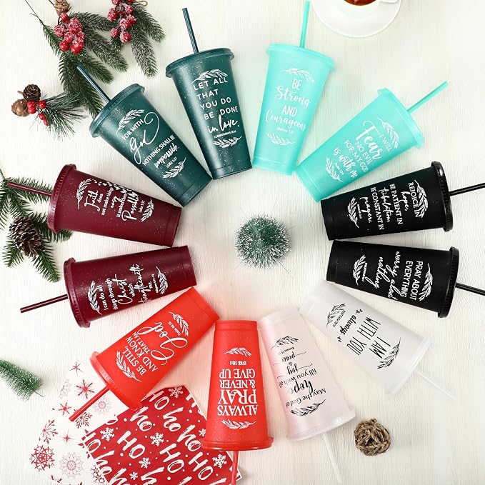 Havawish 12 Pcs Mothers Day Christian Tumbler Gift Bulk Religious Inspirational 24 oz Drinking Jesus Cup with Lid Straw Bible Verse Plastic Cup for Church Father Teacher First Communion (Joyous Color) - Image 3