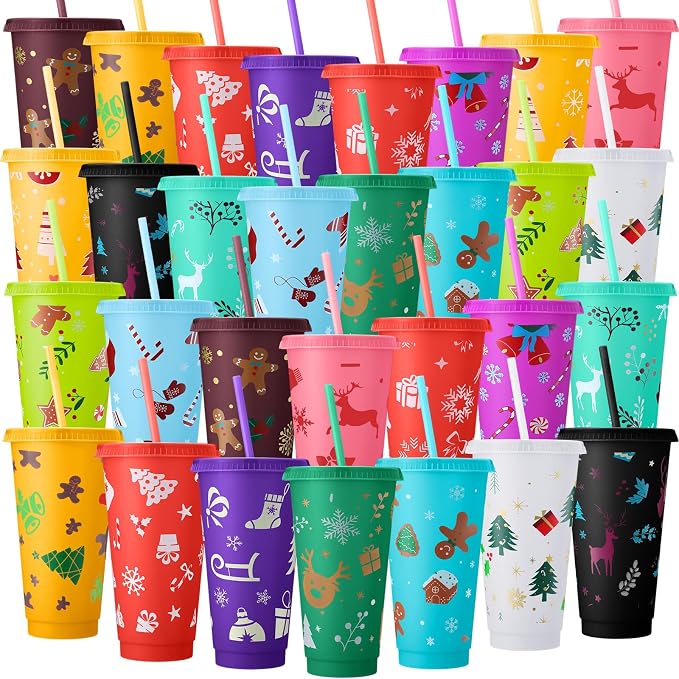 Honeydak 30 Pcs 24 oz Christmas Cups Gifts Bulk Christmas Tumbler with Straw and Lid Elk Xmas Reusable Plastic Coffee Cup Winter Water Bottle Iced Travel Mug for Holiday Party Birthdays by Honeydak