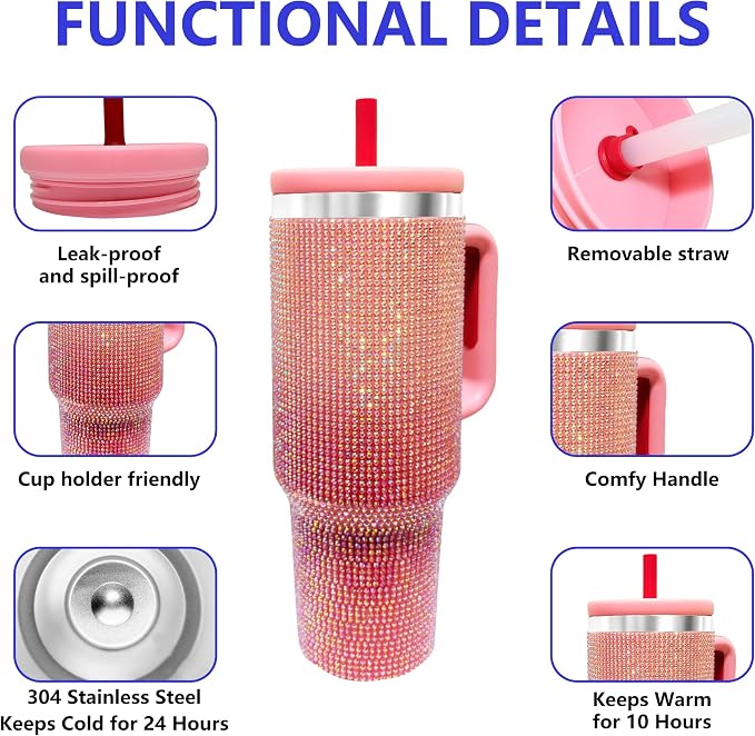 40-OZ Insulated Water Bottle,Insulated Stainless Steel Tumbler,Reusable Cold Drink Thermos,BPA-Free, Double-Wall Stainless Steel Water Bottle (Pink Gradient - Diamond, 40, Fluid Ounces) - Image 3