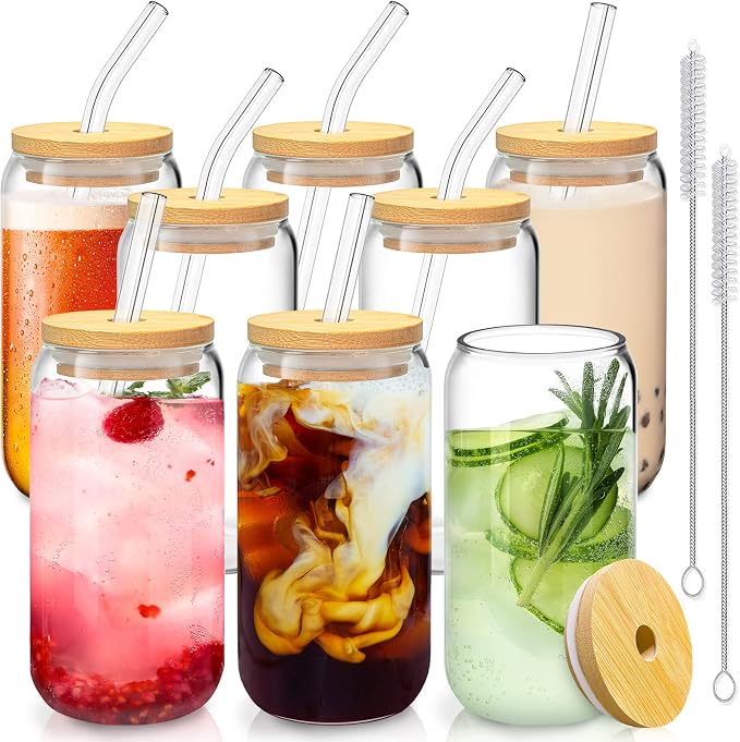 SENTVEND 16 Oz Drinking Glasses with Bamboo Lids and Glass Straw - 8 Pcs Glass Cups Beer Ice Coffee Glasses Cute Aesthetic Cup Great for Coffee Bar Accessories Include 2 Cleaning Brushes by SENTVEND