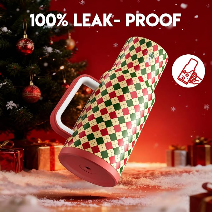 Meoky 40 oz Christmas Tumbler with Handle and Straw, Xmas Tumbler with Lid and Straw, Insulated Stainless Steel Travel Mug, Christmas Gifts for Women Men Adults (Winter Plaid) - Image 3