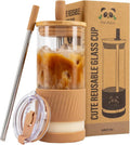 Pandaloo® Glass Cups With Lids and Straws -20 Fl Oz- Perfect Size Iced Coffee Cup - Smoothie Cup With Bamboo Lid and On the go Lid - Glass Tumbler With Straw (1 Count (Pack of 1), Amber Sand) by Pandaloo