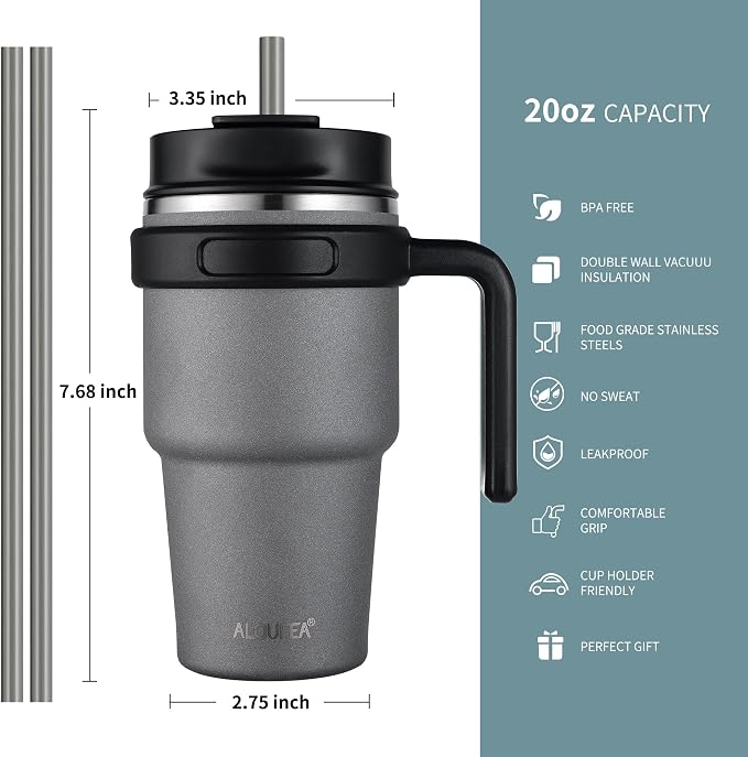 ALOUFEA 20 oz Insulated Coffee Mug Tumbler with Handle, Stainless Steel Travel Mug Tumbler with Lid and Straw, Double Wall Vacuum Leak Proof Ice Coffee Thermal Cup, Gray - Image 2
