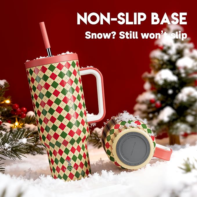 Meoky 40 oz Christmas Tumbler with Handle and Straw, Xmas Tumbler with Lid and Straw, Insulated Stainless Steel Travel Mug, Christmas Gifts for Women Men Adults (Winter Plaid) - Image 4
