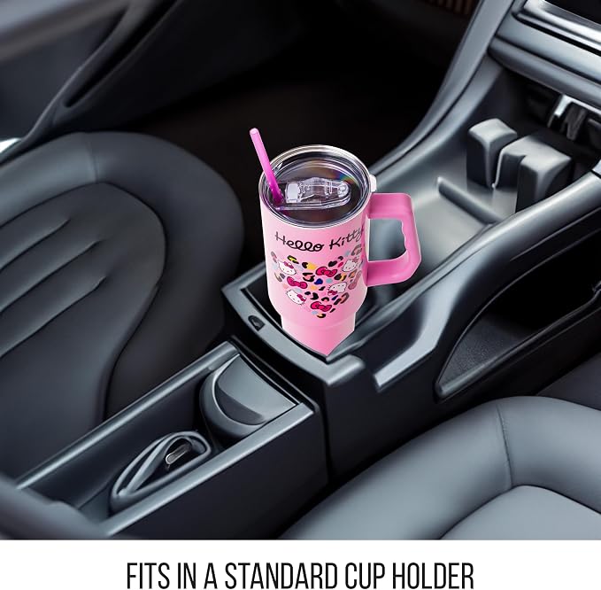 Silver Buffalo Sanrio Hello Kitty Leopard Jungle Cat Print and Bows Heart Double Walled Stainless Steel Tumbler with Handle and Straw, Fits in Standard Cup Holder, 40 Ounces - Image 8