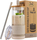 Pandaloo® Glass Cups With Lids and Straws -20 Fl Oz- Perfect Size Iced Coffee Cup - Smoothie Cup With Bamboo Lid and On the go Lid (Creamy Mushroom, 1 Count (Pack of 1) by Pandaloo