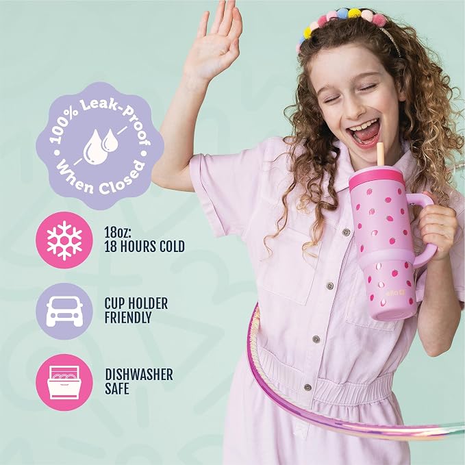 Ello Oasis 18oz Stainless Steel Kids Tumbler with Handle & Retracting Straw, 100% Leakproof, Double-Wall Vacuum Insulated, Kids Water Bottle for School, BPA Free + Dishwasher Safe, Strawberries - Image 3