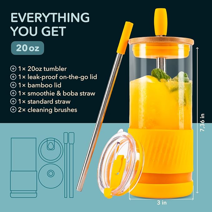 Pandaloo® Glass Cups With Lids and Straws -20 Fl Oz- Perfect Size Iced Coffee Cup - Smoothie Cup With Bamboo Lid and On the go Lid - Glass Tumbler With Straw (1 Count (Pack of 1), Maracuja Dream) - Image 2