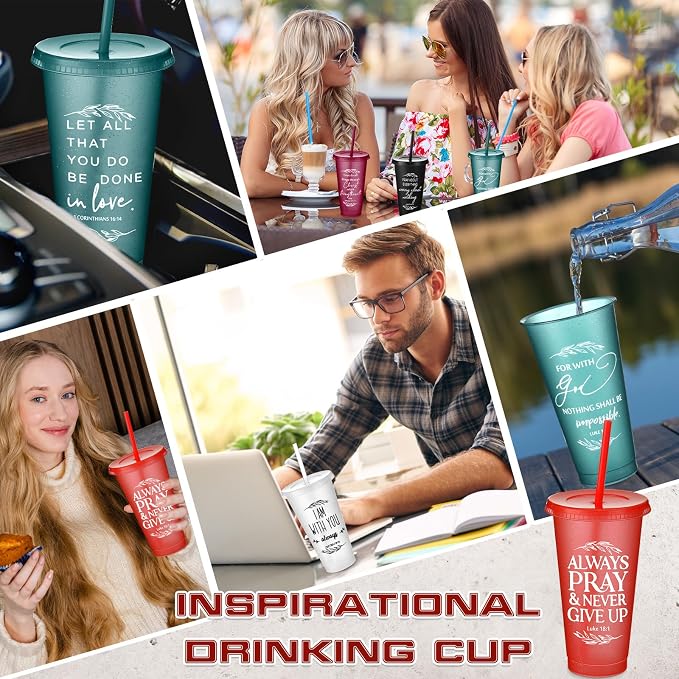 Havawish 12 Pcs Mothers Day Christian Tumbler Gift Bulk Religious Inspirational 24 oz Drinking Jesus Cup with Lid Straw Bible Verse Plastic Cup for Church Father Teacher First Communion (Joyous Color) - Image 5
