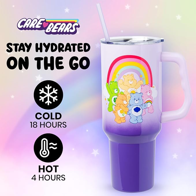 Silver Buffalo Care Bears Rainbow Featuring Funshine, Cheer, Grumpy, Friend, and Good Luck Bear Double Walled Stainless Steel Tumbler with Handle and Straw, Fits in Standard Cup Holder, 40 Ounces - Image 2