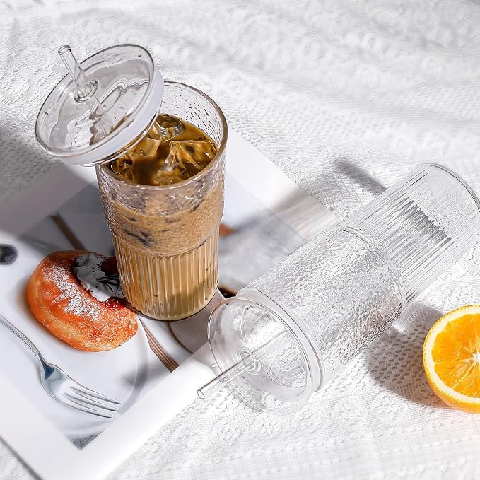 DWTS DANWEITESI Glass Cups with Lids and Straws 4 Pcs,20oz Glasses Drinking Set Vintage Textured Clear Iced Coffee Cups with Lids,Reusable Glass Tumbler with Straw and Lid for Coffee Bar Accessories - Image 3