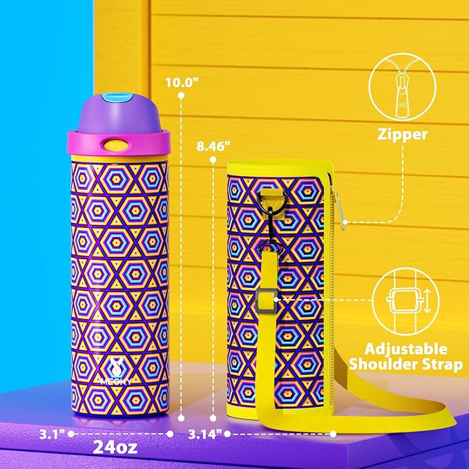 24 oz Insulated Water Bottle for Women: Meoky Stainless Steel Water Bottle with Holder and Shoulder Strap - Leak Proof, Cold for 24 Hours, Protective Silicone Base, BPA-Free for Travel Gym, Neon Beat - Image 7