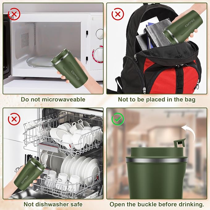 MOMSIV 12oz Travel Mug, Insulated Coffee Cup with Leakproof Lid, Vacuum Stainless Steel Double Walled Reusable Tumbler for Hot and Cold Water Coffee and Tea In Travel and Car Armygreen - Image 6