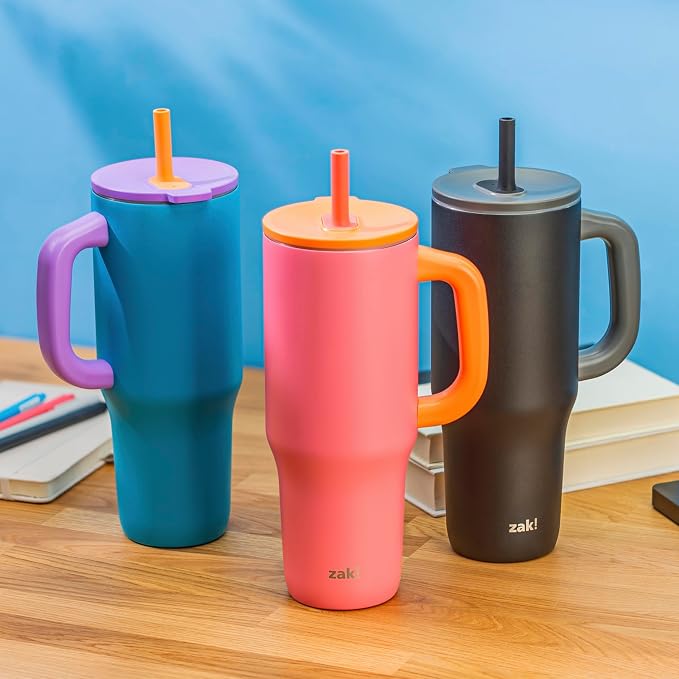 Zak Designs Sutton Travel Tumbler for On the Go, 40oz Stainless Steel with Vacuum Insulation, Silicone Straw, and Carry Handle for Cold Drinks (So Sweet Pink) - Image 12