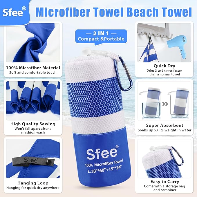 Sfee 2 in 1 Microfiber Beach Towel, Quick Dry Towel Travel Camping Towel Super - Image 2