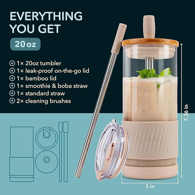 Pandaloo® Glass Cups With Lids and Straws -20 Fl Oz- Perfect Size Iced Coffee Cup - Smoothie Cup With Bamboo Lid and On the go Lid (Creamy Mushroom, 1 Count (Pack of 1) - Image 2